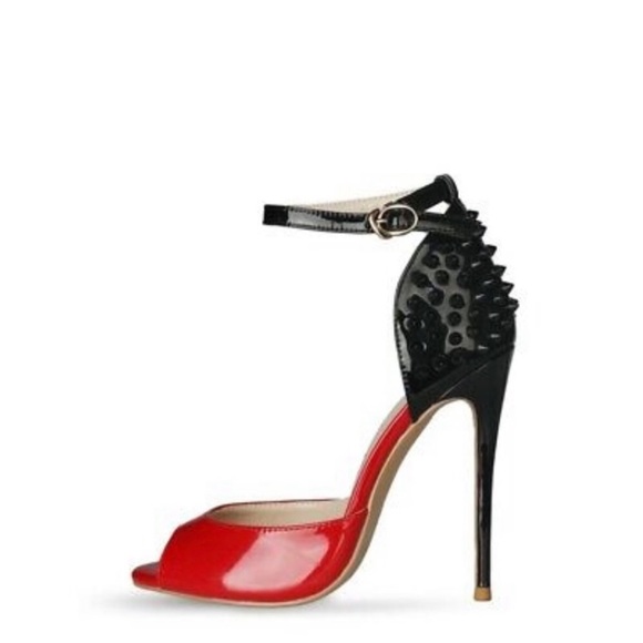 WOMEN PEEP TOE BUCKLE ANKLE STRAP STUDDED STILETTO HIGH HEELS - Picture 3 of 6